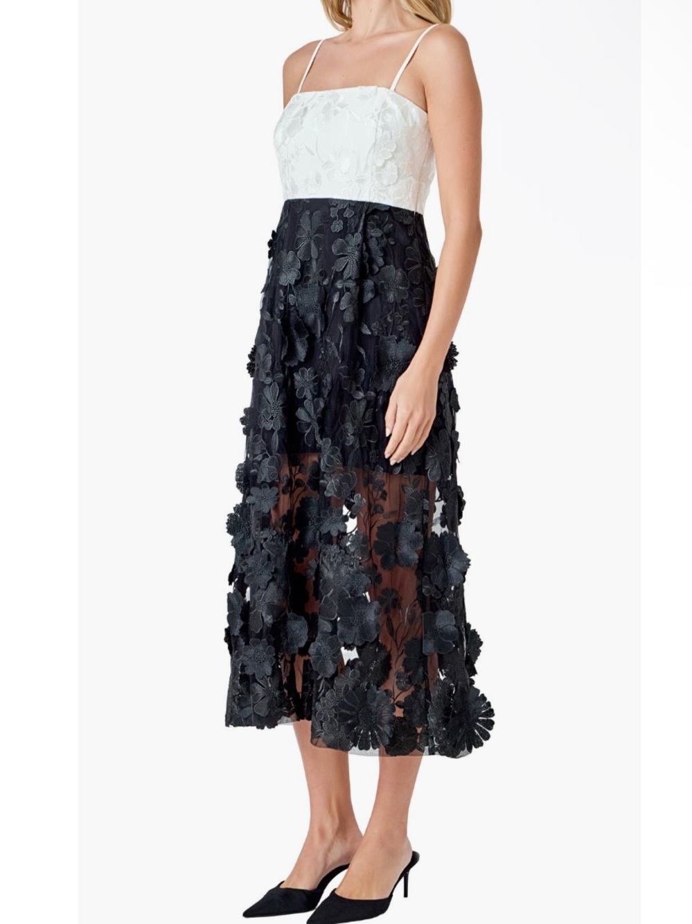 Endless Rose Floral Appliqué Colorblock Midi Dress in White & Black NEW Size S - Picture 4 of 11